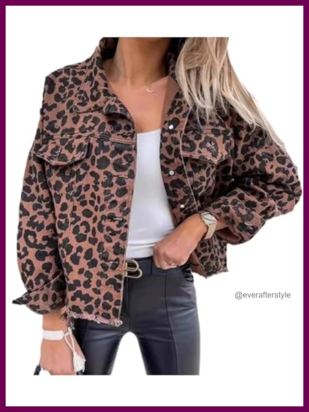 Oversized Leopard Print Denim Jacket Long Sleeve Raw Hem Jean Coat